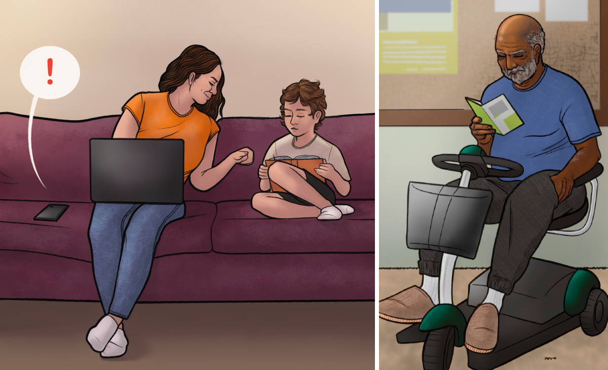 An illustration featuring a woman and boy interact on a couch, paired with a seated man reading a brochure