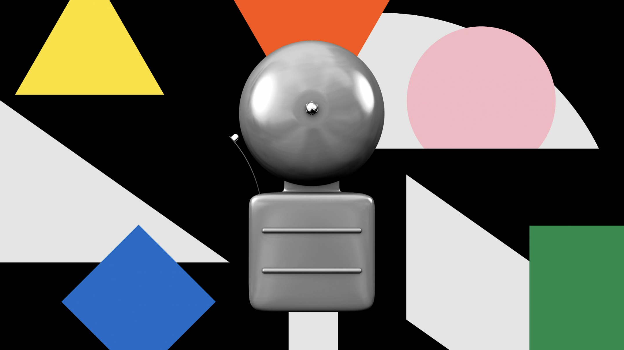 gray 3D alarm bell in the center of a collage of black, white and brightly colored shapes