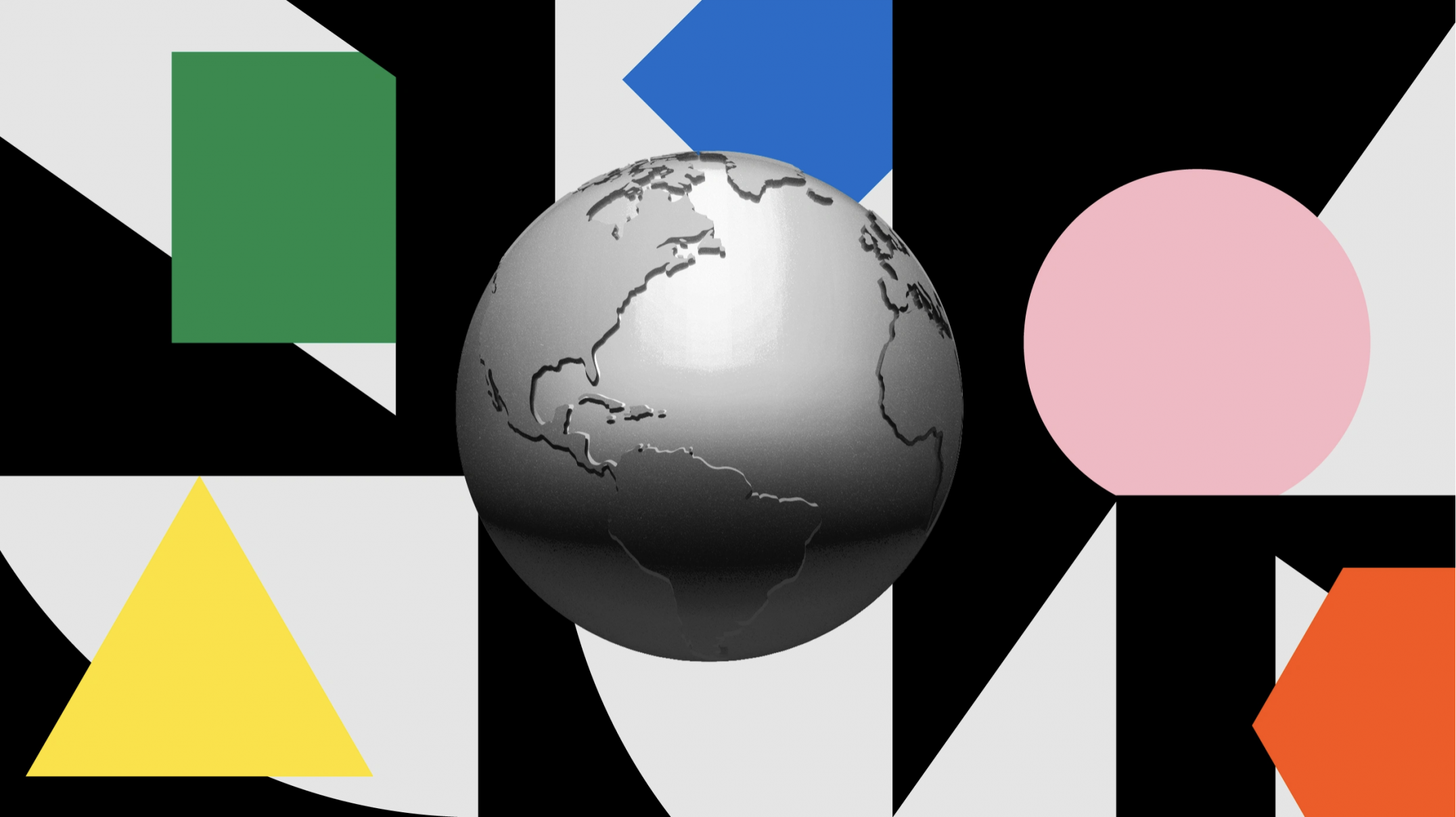 gray 3D globe of Earth in the center of a collage of black, white and brightly colored shapes