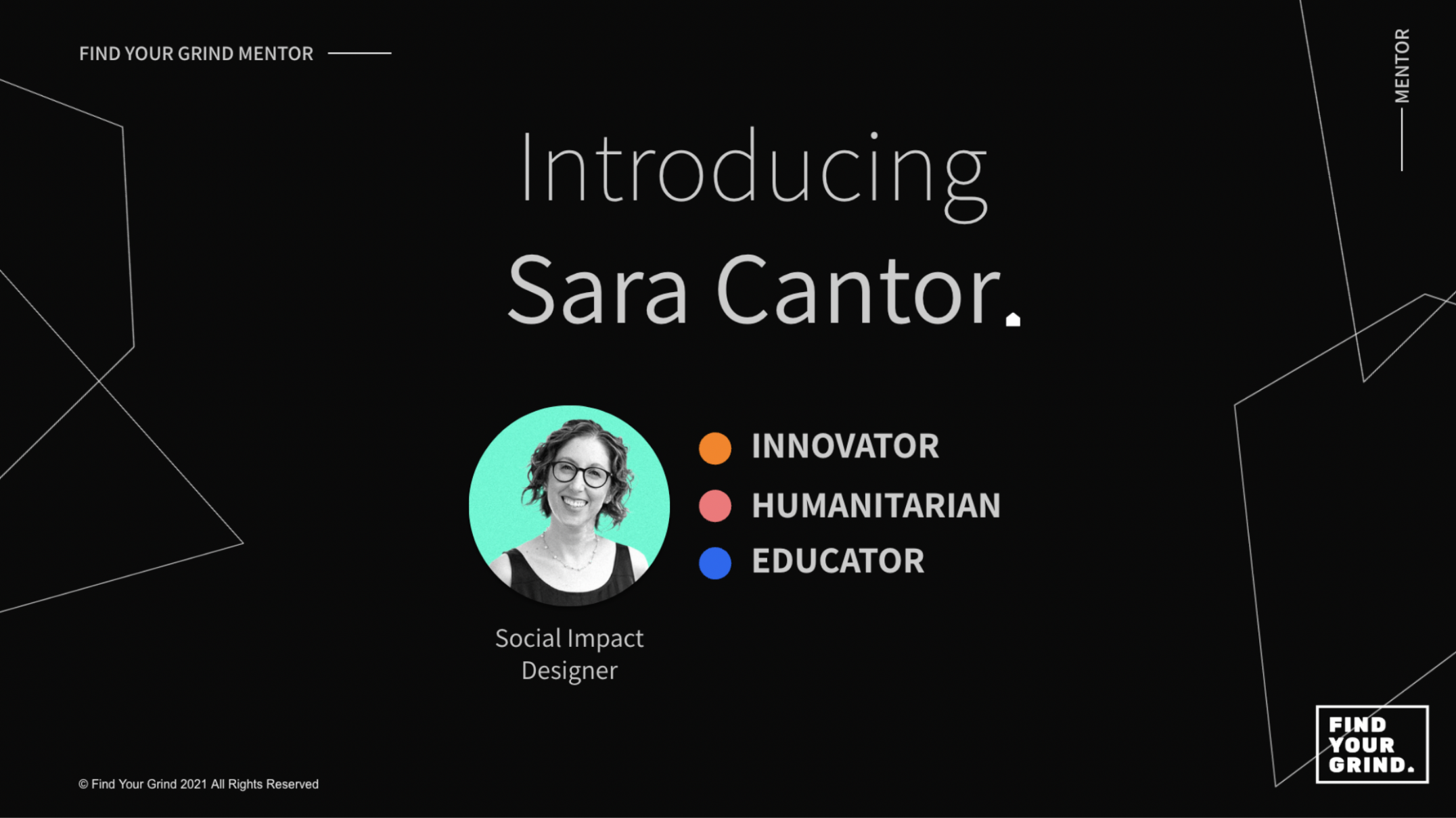 mostly black screen with the words "Introducing Sara Cantor" and a small headshot of a woman on a teal background