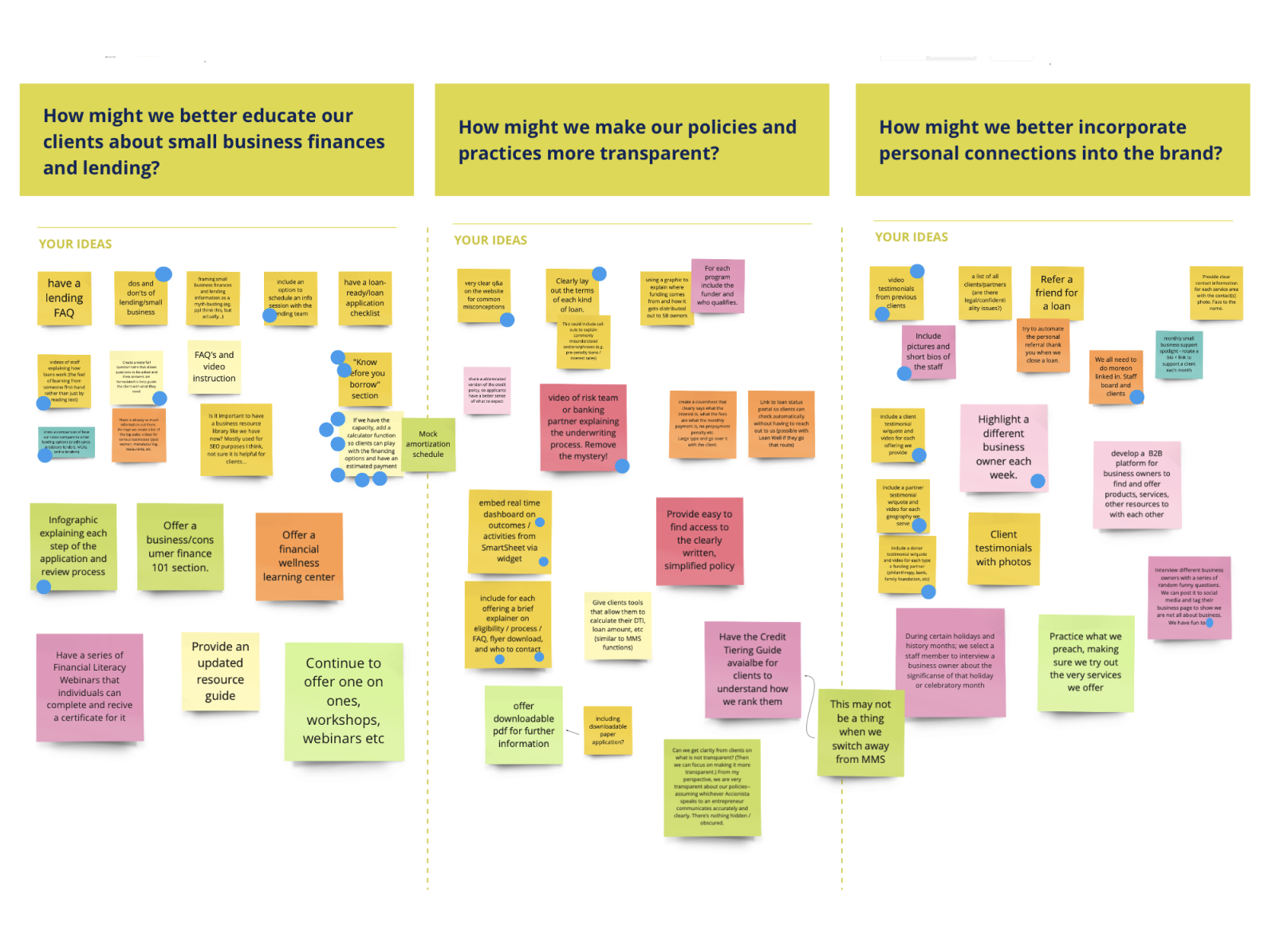 a large chartreuse rectangle with the words "How might we better incorporate personal connections into the brand?" Below it, about 10 "post-its" with different ideas typed on them