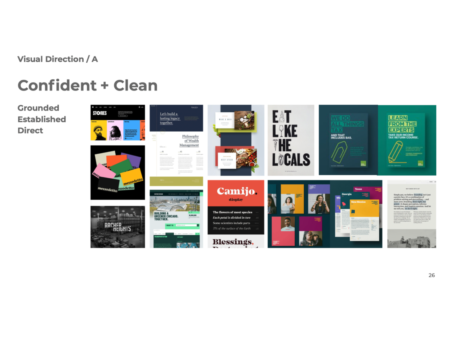 a collage of about 10 images of different graphic designs (booklets, websites) with the headline "Visual Direction A: Confident and Clean"