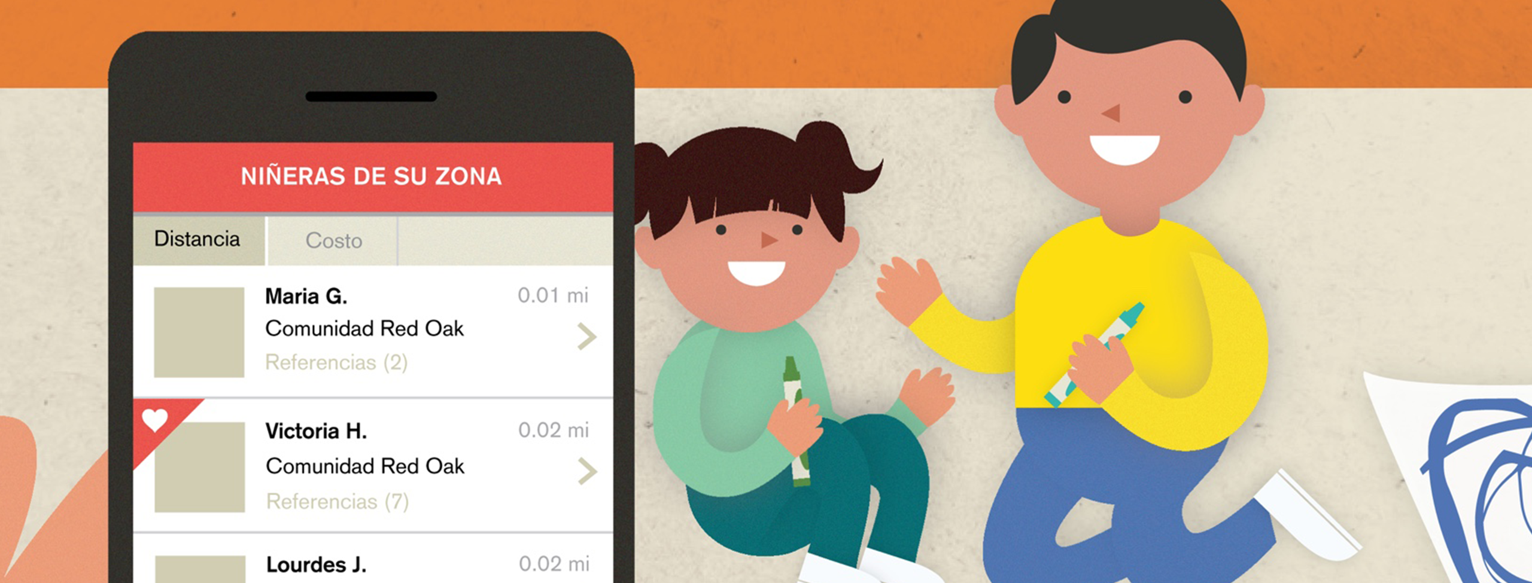 a cartoon-style illustration of two children, a boy and a girl, medium-skinned, sitting on the floor and smiling. they both hold markers. in the foreground, a hand holds a phone and the screen shows "Nineras de su zona" then lists the names of 3 possible caregivers nearby.