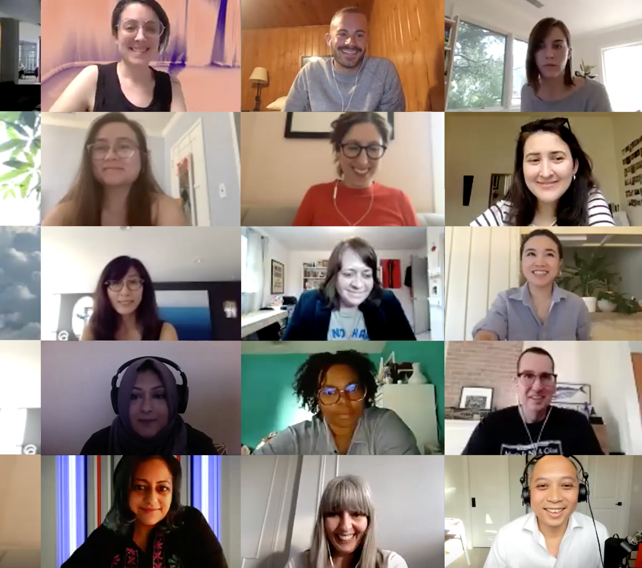 a grid of people's faces on Zoom or another video-call platform. people are generally younger, a variety of races/ethnicities and most are smiling.