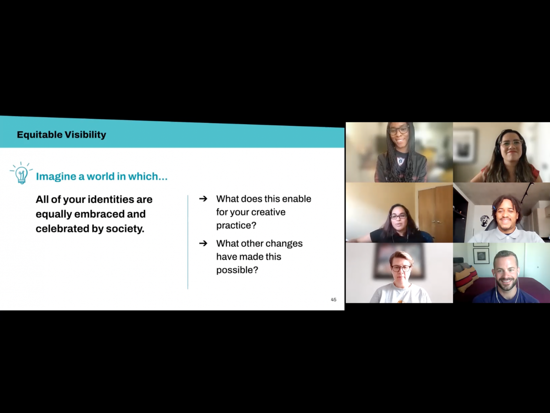 screenshot from a Zoom meeting; slide on the left with text and a teal header, grid of 6 smiling faces on the right