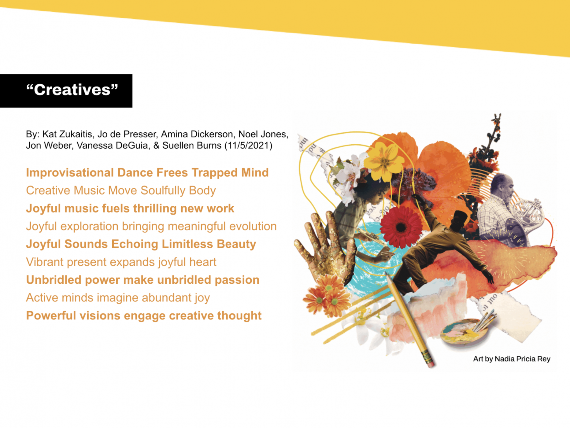 slide with the header "Creatives" showing a poem in orange text next to a bright and colorful collage
