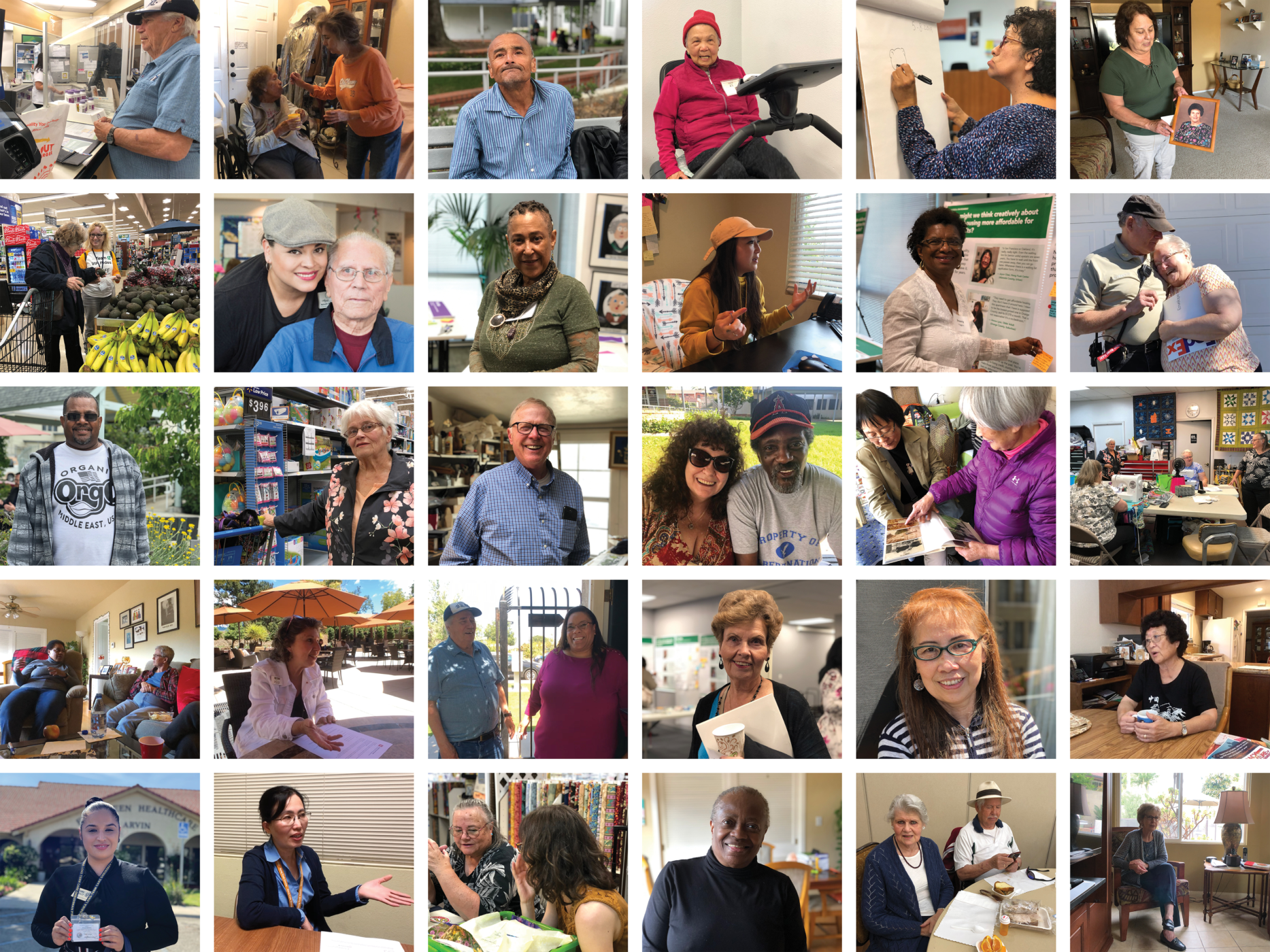 A grid of 30 rectangular images of people, mostly older adults, of all races, some alone, some with another person, most smiling at the camera